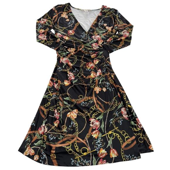 Yumi Dress Womens Small Black Floral Chain Print Long Sleeve Stretch UK 8 US 4 - Picture 1 of 7